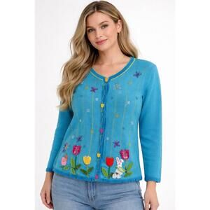 Quacker Factory sweater womens medium M teal easter bunny flower embroidered